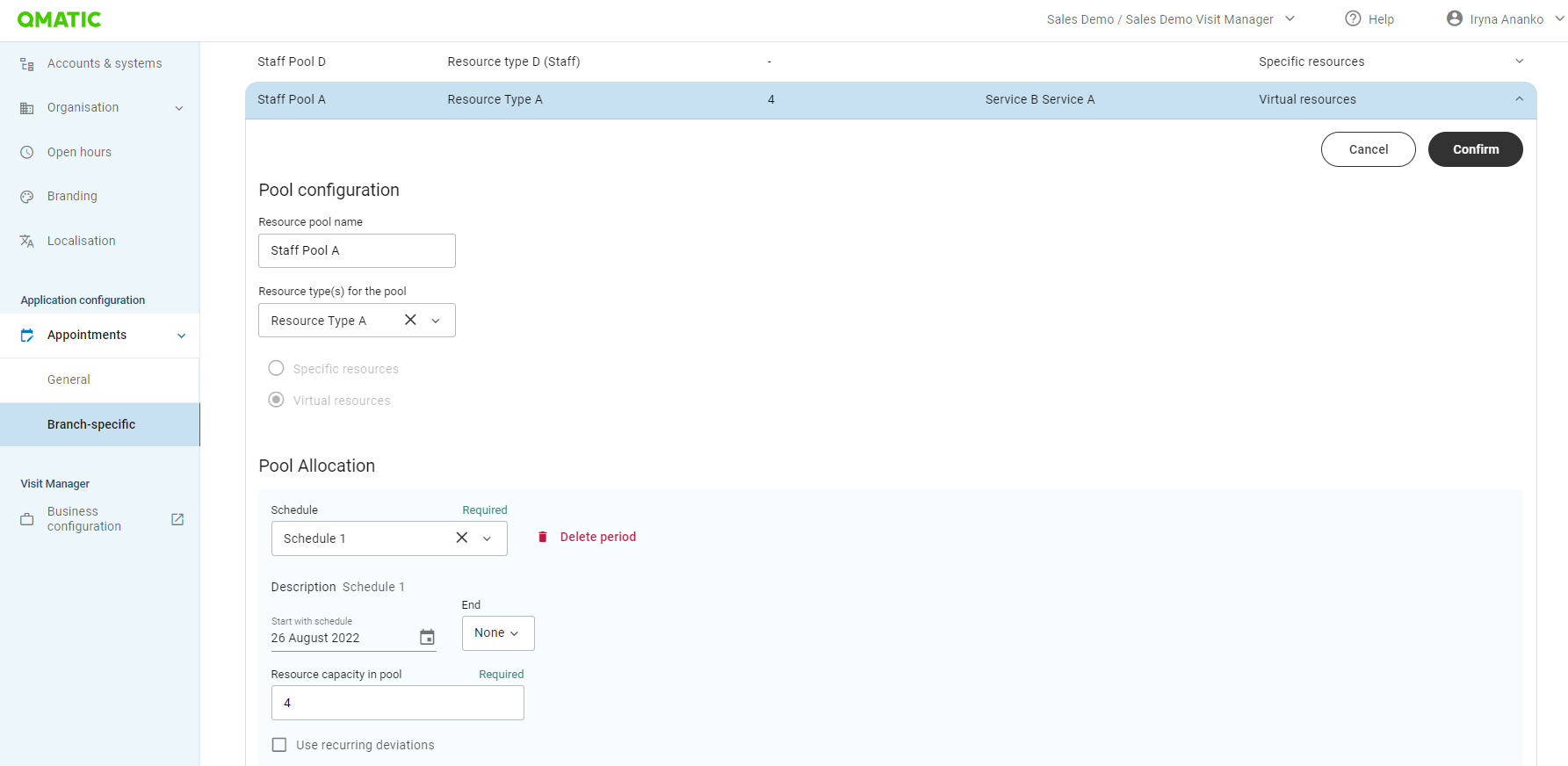 Pool configuration in Qmatic Experience Cloud