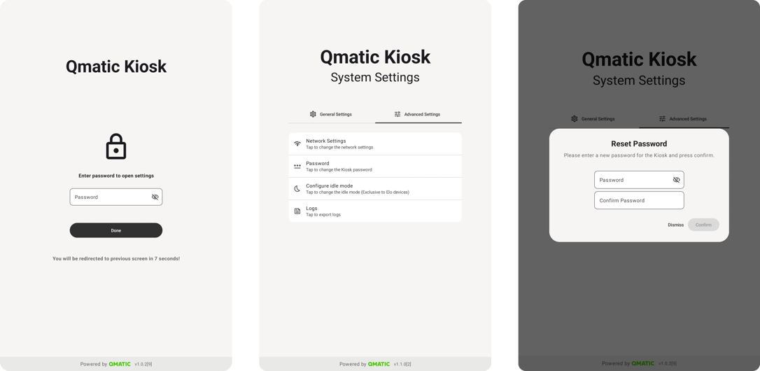 A collection of screenshots of the Qmatic Kiosk App