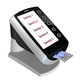 Qmatic Intro 5 ticket kiosk on a table stand