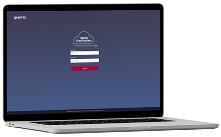 Bärbar dator med inloggningsvyn till Qmatic Cloud Solutions