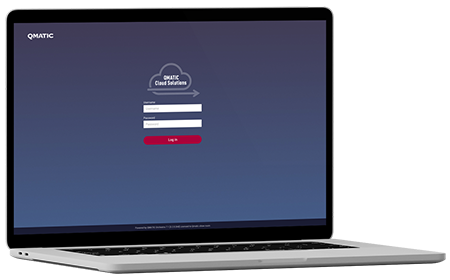 Bärbar dator med inloggningsvyn till Qmatic Cloud Solutions